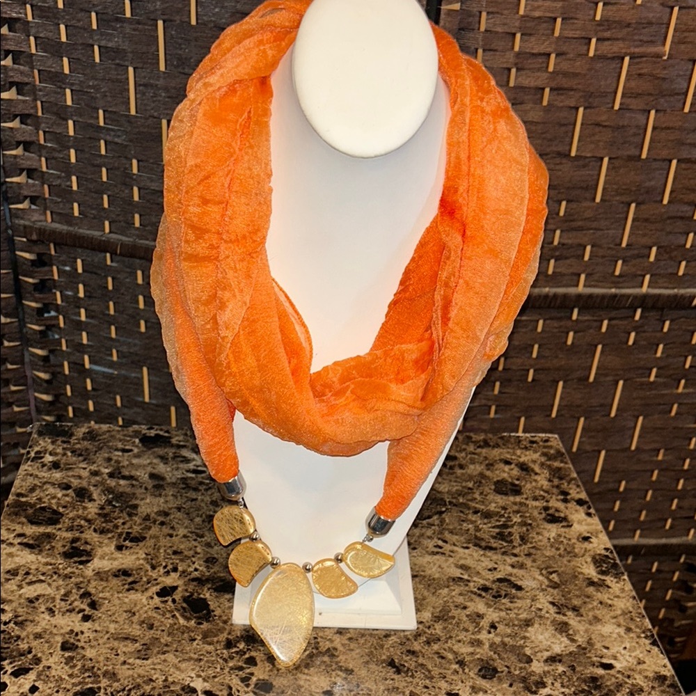 Elegant Orange Scarf with Stone translucent Accents